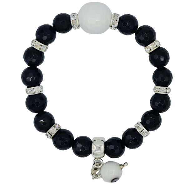 Pulsera de Onix facetado y bola central de jade blanco